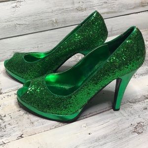 Green Glitter Peep Toe Pumps
